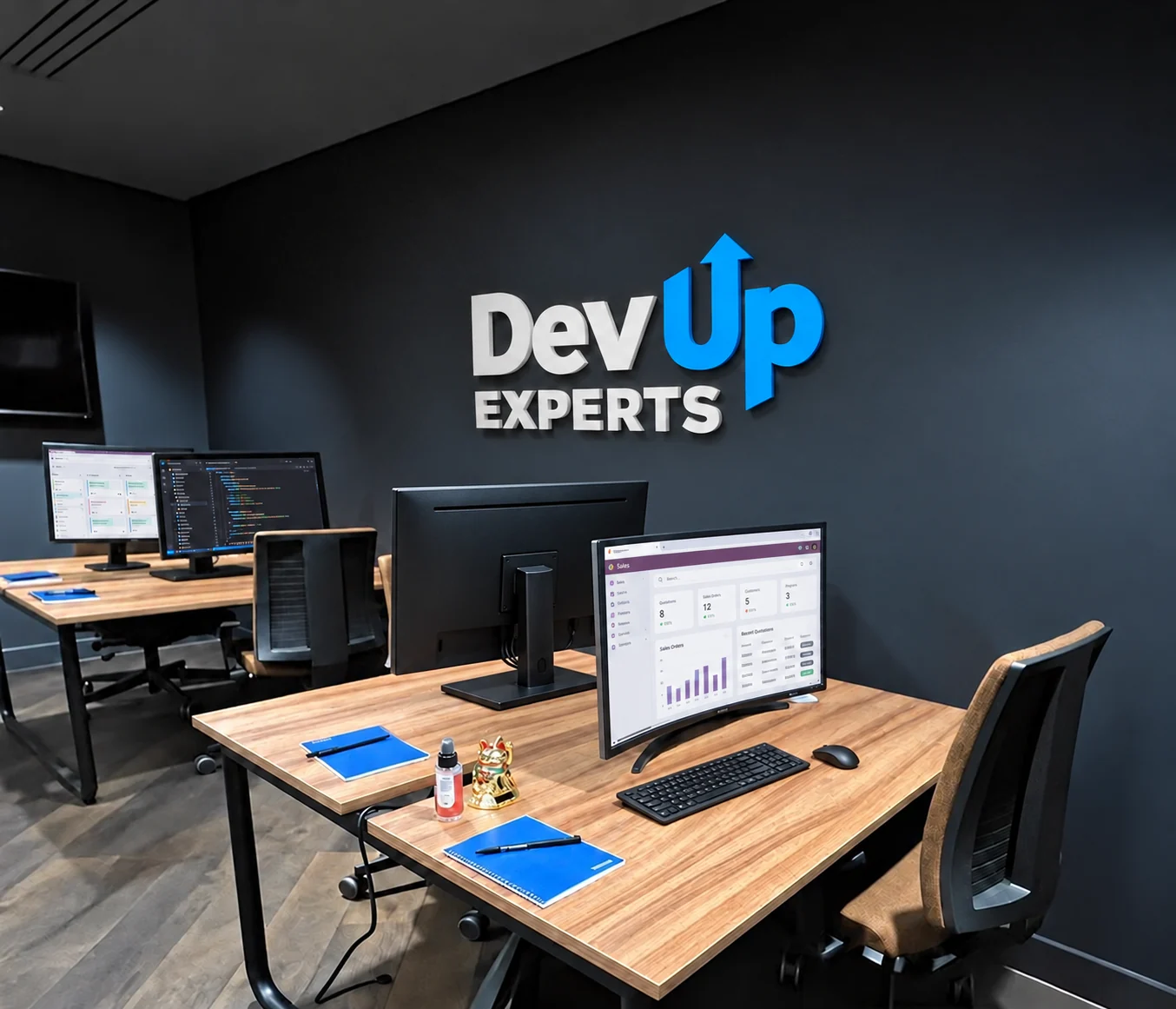 Visuel de marque DevUp Experts : espace de travail avec postes Odoo et développement